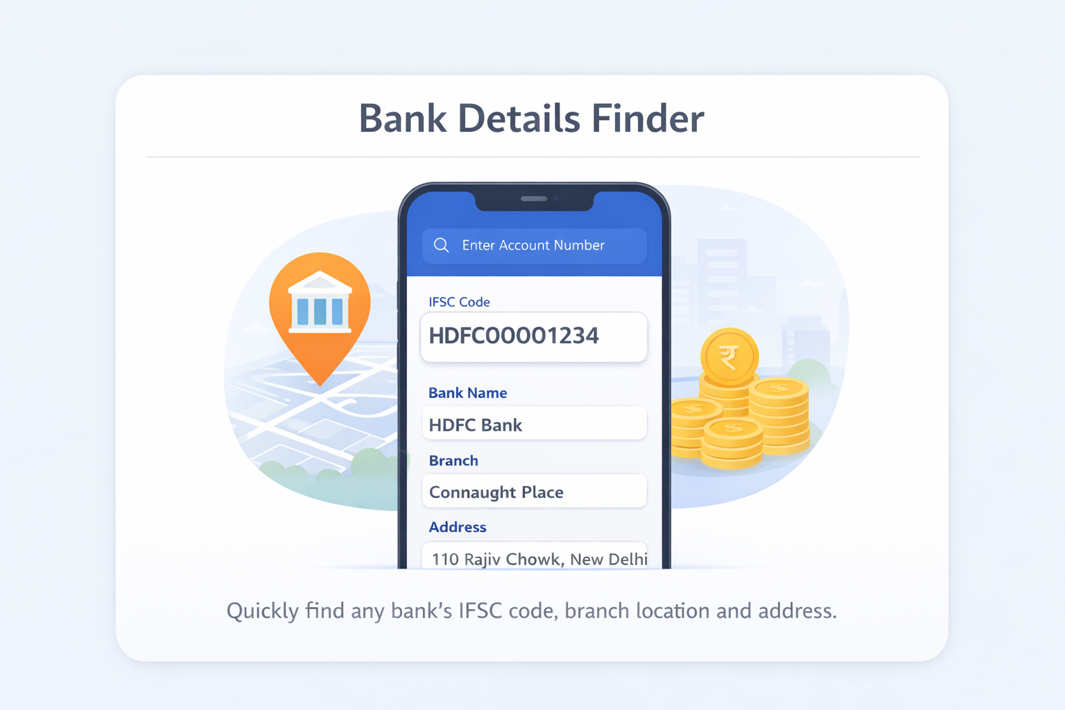 Bank Details Finder showing IFSC code, MICR code, branch name and bank address in India