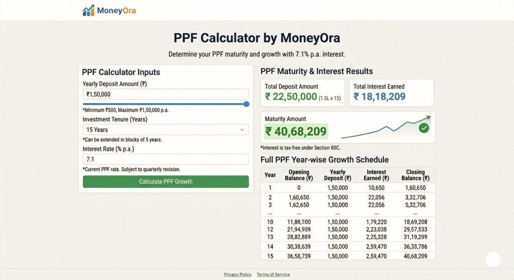 PPF Calculator by MoneyOra showing yearly deposit maturity amount and year wise growth schedule