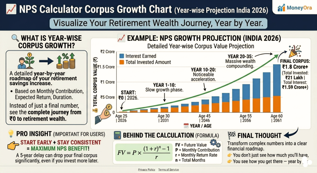 NPS Calculator corpus growth chart showing year wise retirement corpus projection India 2026