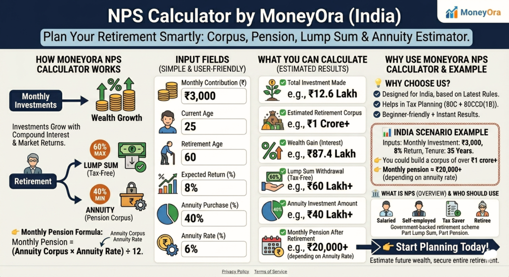 NPS Calculator by MoneyOra showing retirement corpus monthly pension and annuity breakdown India