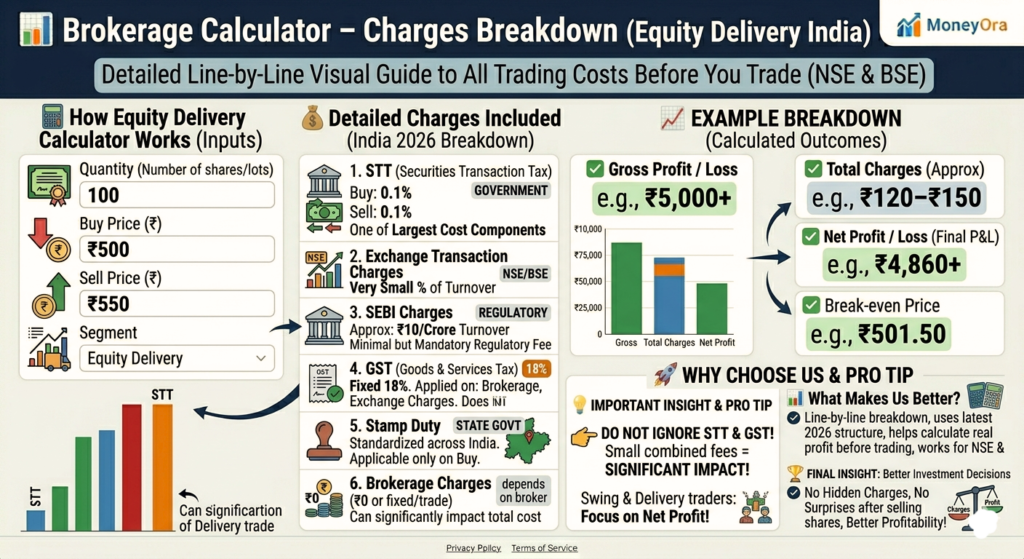 Brokerage Calculator showing STT GST SEBI charges stamp duty breakdown for equity delivery India