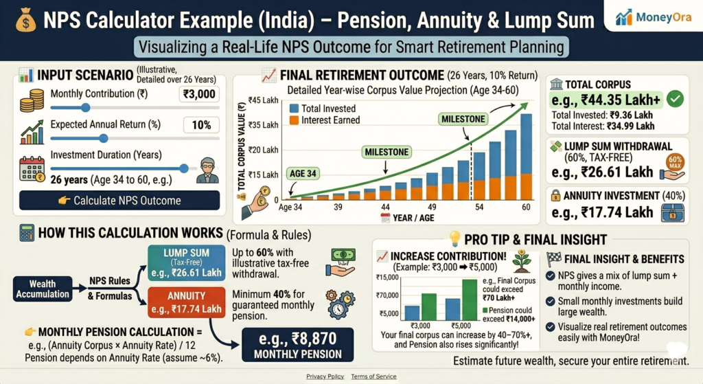 NPS Calculator example showing monthly pension annuity and lumpsum withdrawal calculation India