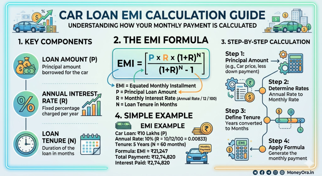 Car loan EMI calculator showing monthly instalment breakdown for Indian borrowers