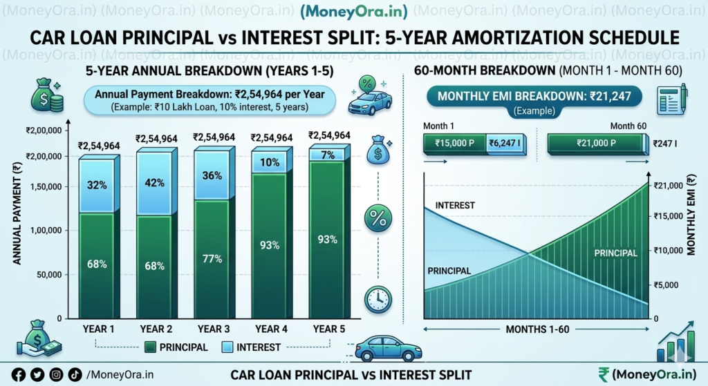 Car loan EMI calculator amortization chart showing principal and interest breakdown over 60 months