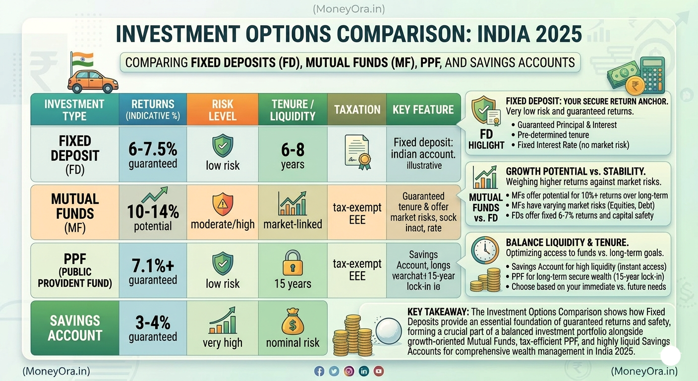 Fixed deposit vs mutual funds PPF and savings account comparison chart India 2026