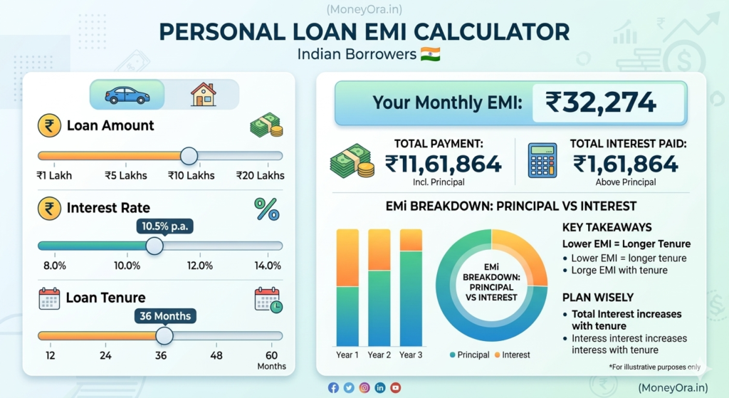 personal loan EMI calculator tool for Indian borrowers showing monthly instalment breakdown