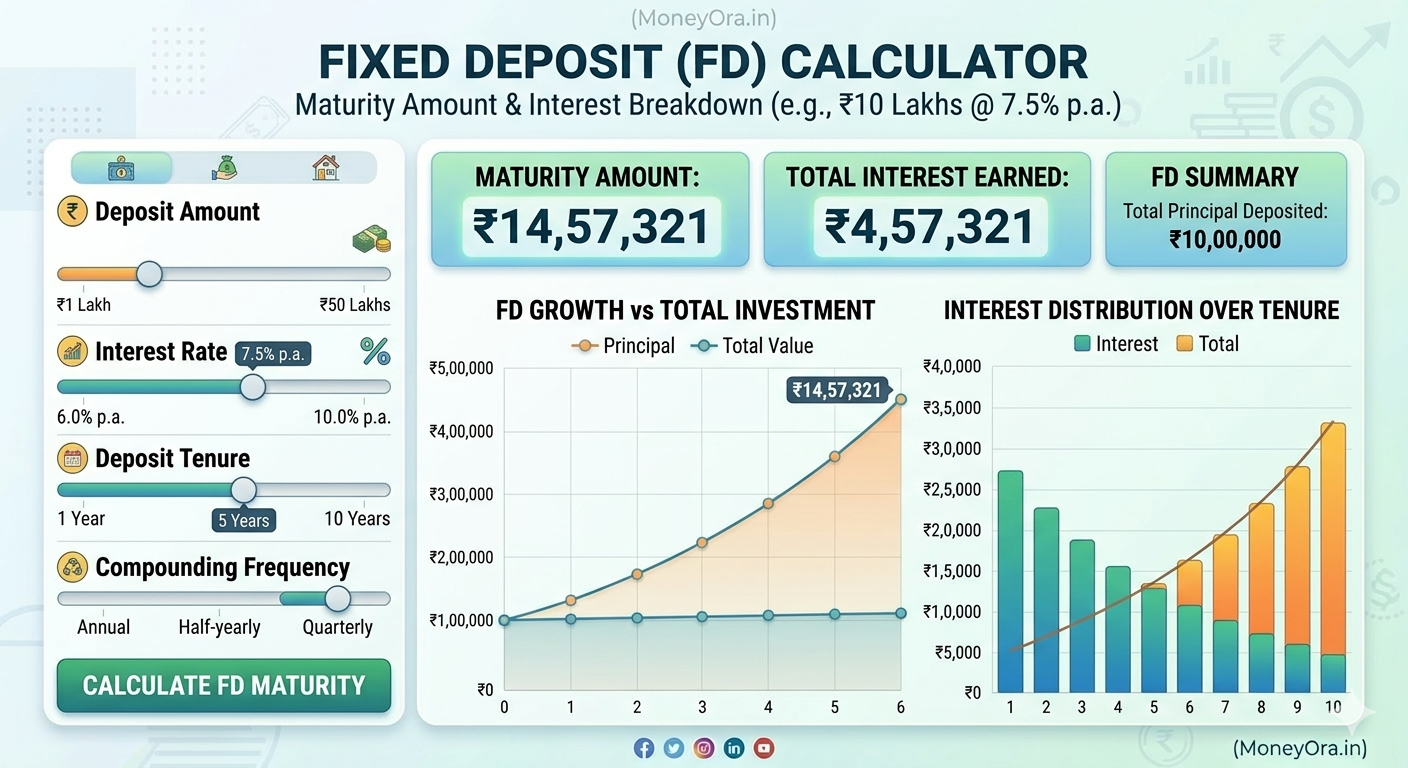 FD Calculator by MoneyOra showing maturity amount, interest earned and amortization schedule