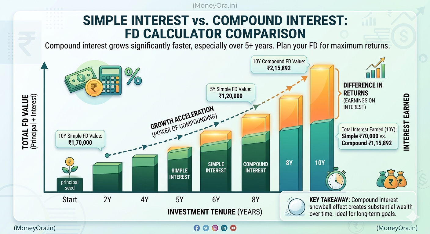 Simple interest vs compound interest FD calculator comparison chart showing difference in returns