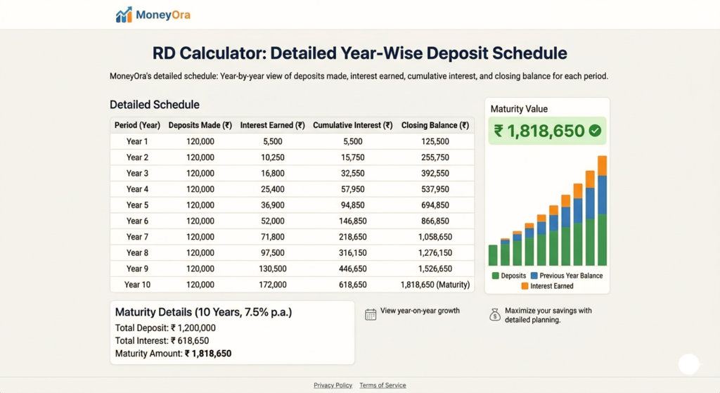 RD Calculator deposit schedule showing year wise interest earned and closing balance