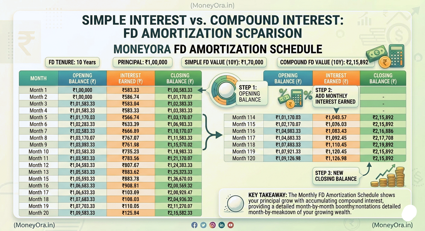 FD Calculator amortization schedule showing month by month interest and balance breakdown