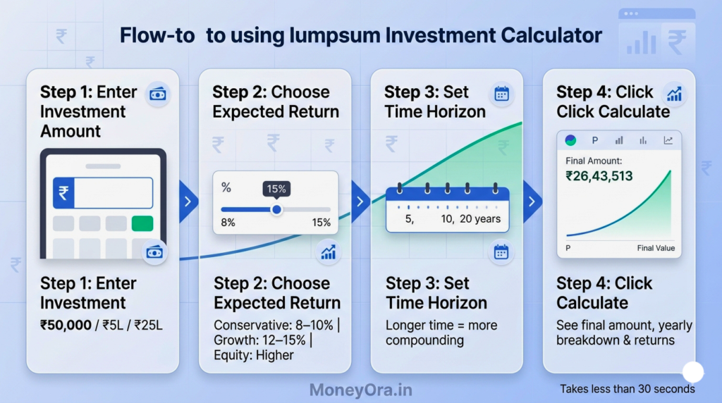 Step-by-step lumpsum calculator guide showing investment amount entry, return rate selection, time period input, and final calculated growth result with compound interest chart