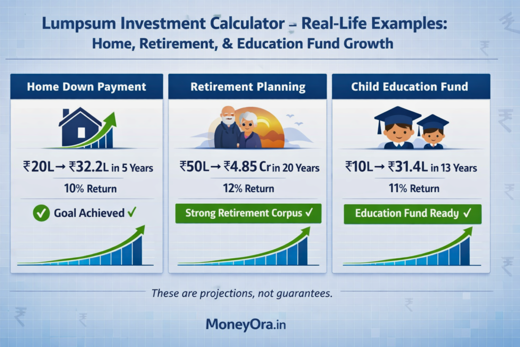 A clean, modern financial infographic designed as a blog banner, illustrating three diverse real-life scenarios for long-term lumpsum investment. It is divided into three horizontal sections with distinct icons and mini upward-compounding bar charts, set against a professional blue-to-white gradient background with a subtle grid.