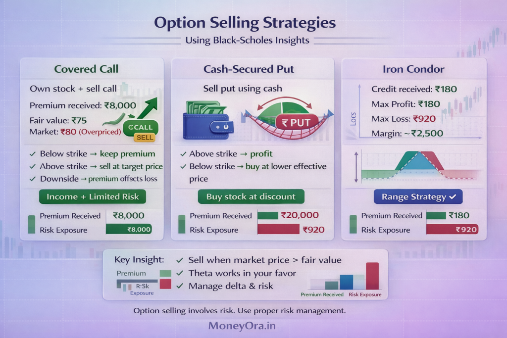 Options selling strategies infographic showing covered call, cash secured put and iron condor with premium income, fair value comparison and risk reward breakdown using Black Scholes calculator