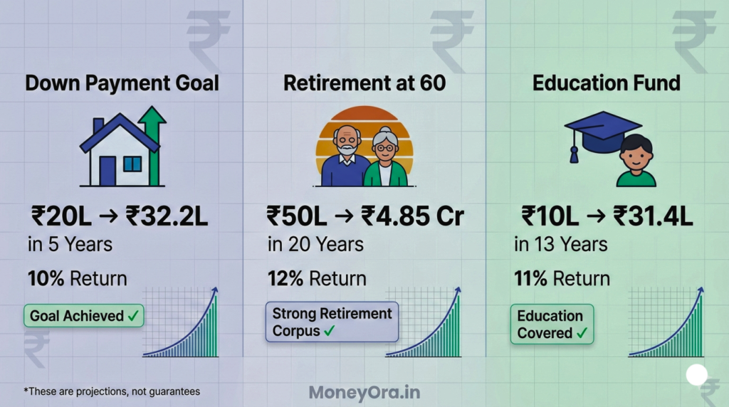 Lumpsum investment examples showing ₹20 lakh to ₹32.2 lakh in 5 years, ₹50 lakh to ₹4.85 crore in 20 years, and ₹10 lakh to ₹31.4 lakh in 13 years using compound growth