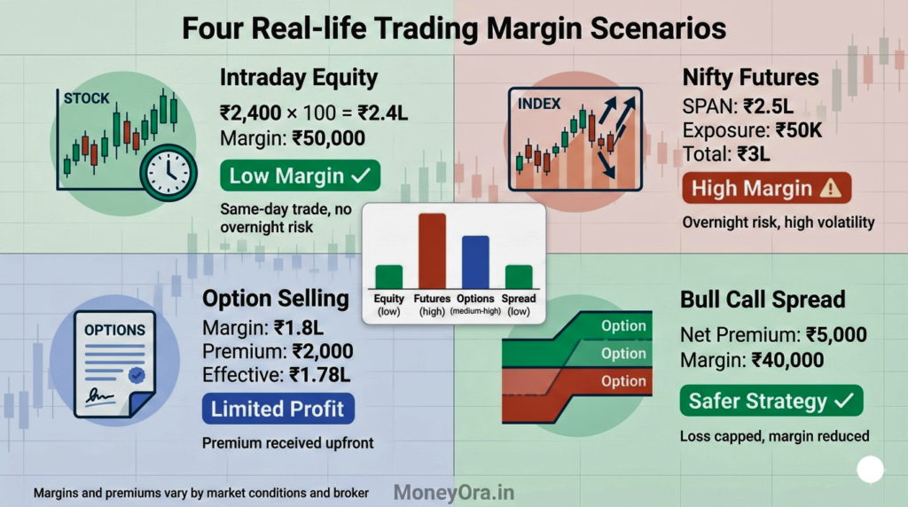 Real trading margin examples showing intraday equity ₹50,000 margin for ₹2.4 lakh trade, Nifty futures ₹3 lakh margin, option selling ₹1.8 lakh margin, and bull call spread requiring only ₹40,000