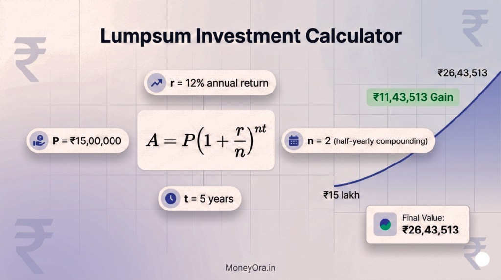 Lumpsum investment calculator formula example showing ₹15 lakh growing to ₹26.4 lakh at 12% annual return over 5 years with compound interest