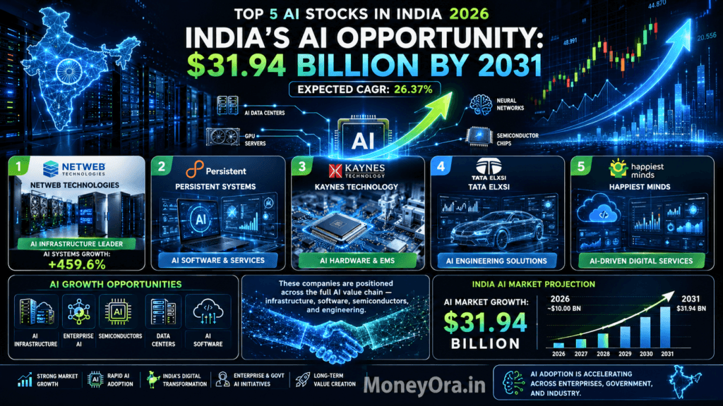 AI stocks in India 2026 including Netweb Technologies, Persistent Systems and Kaynes Technology positioned to benefit from India's growing artificial intelligence market
