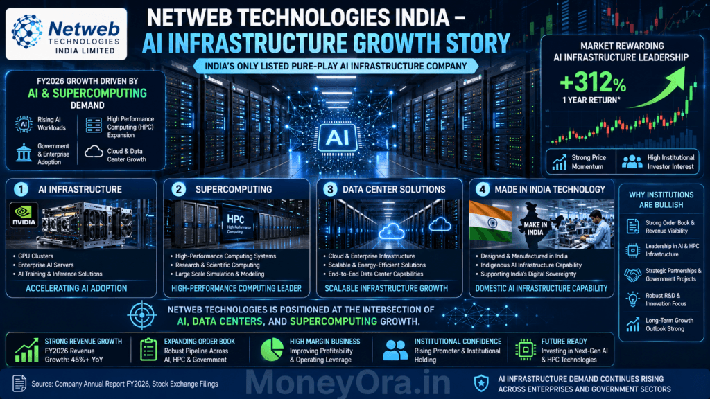 Netweb Technologies India share price analysis infographic showing AI infrastructure, supercomputing growth and high performance computing business expansion in FY2026