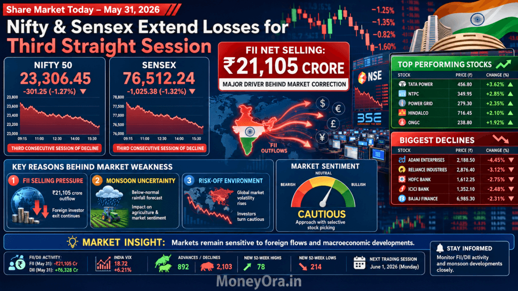 Share market today May 31 2026 showing Nifty and Sensex decline, FII selling pressure, top gainers and losers with stock market correction analysis