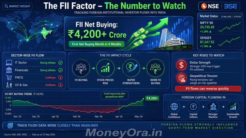 FII and DII money flow infographic showing foreign institutional investor buying in Indian stock market with rupee recovery and sector-wise investment trends