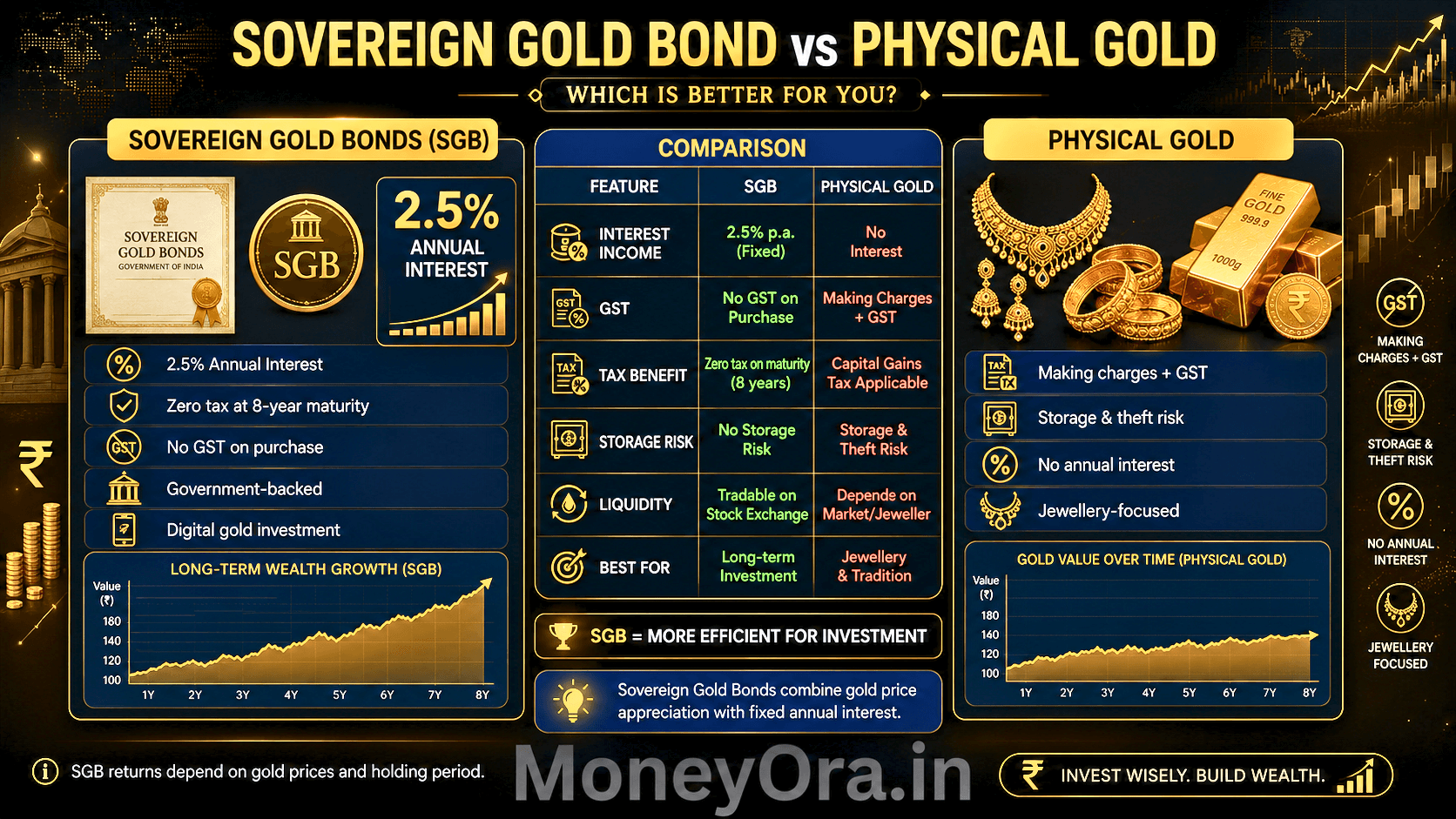 Sovereign Gold Bond vs physical gold comparison India 2026 showing interest income, tax benefits, GST savings and investment efficiency against jewellery gold