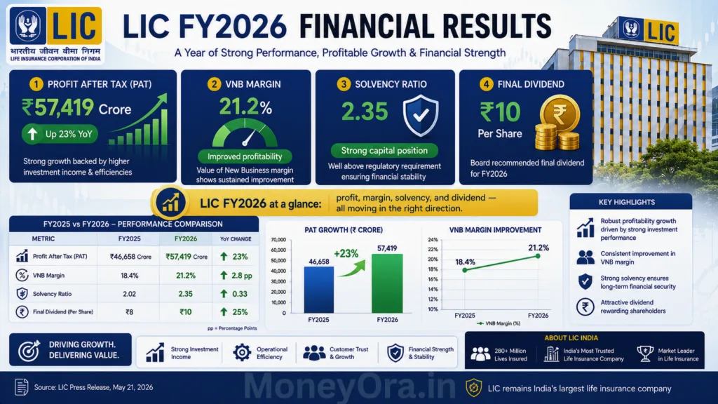 LIC FY2026 financial results infographic showing PAT ₹57419 crore, VNB margin 21.2 percent, solvency ratio 2.35 and ₹10 dividend per share