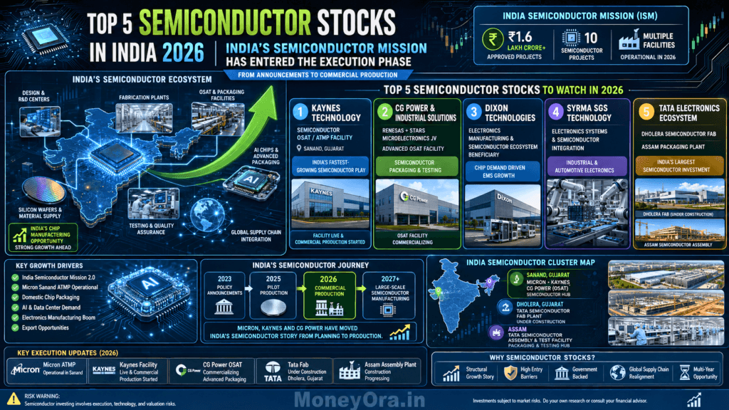 Semiconductor stocks India 2026 top 5 multibagger picks showing Kaynes CG Power Dixon Syrma Tata Electronics ISM investment