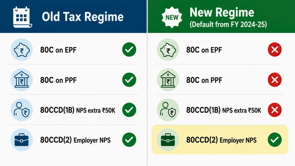 old vs new tax regime EPF PPF NPS deduction benefits India 2026