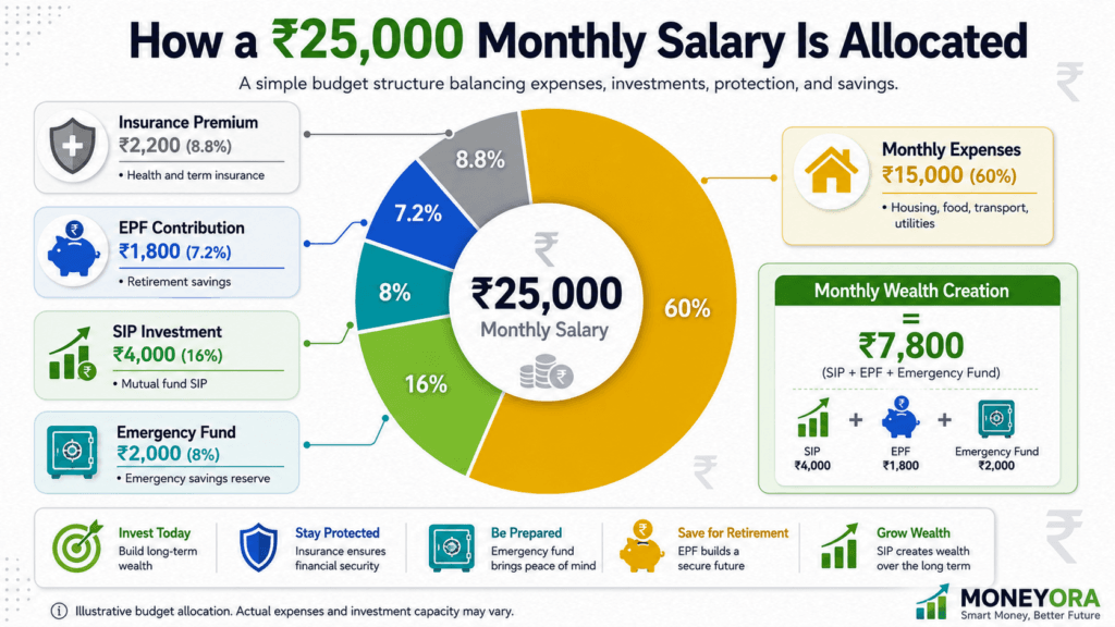 Monthly budget breakdown for a ₹25,000 salary showing EPF, SIP, insurance, and expense allocation