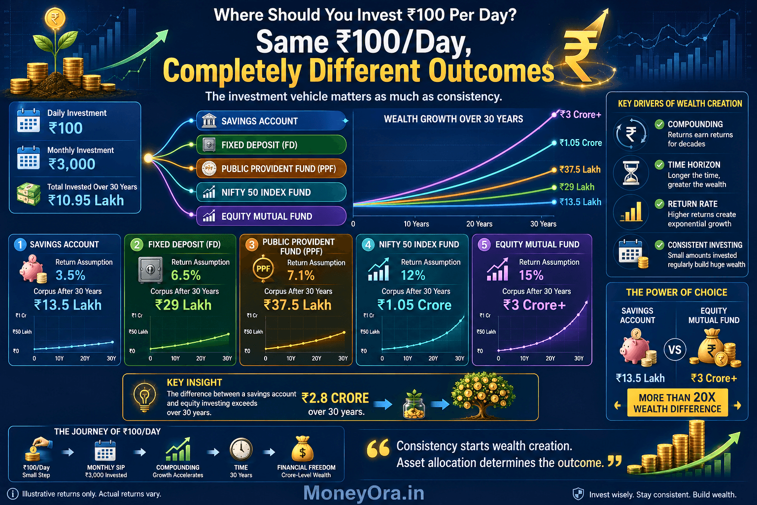 ₹100 per day investment comparison across savings account, fixed deposit, PPF, index fund and equity mutual fund showing wealth creation after 30 years
