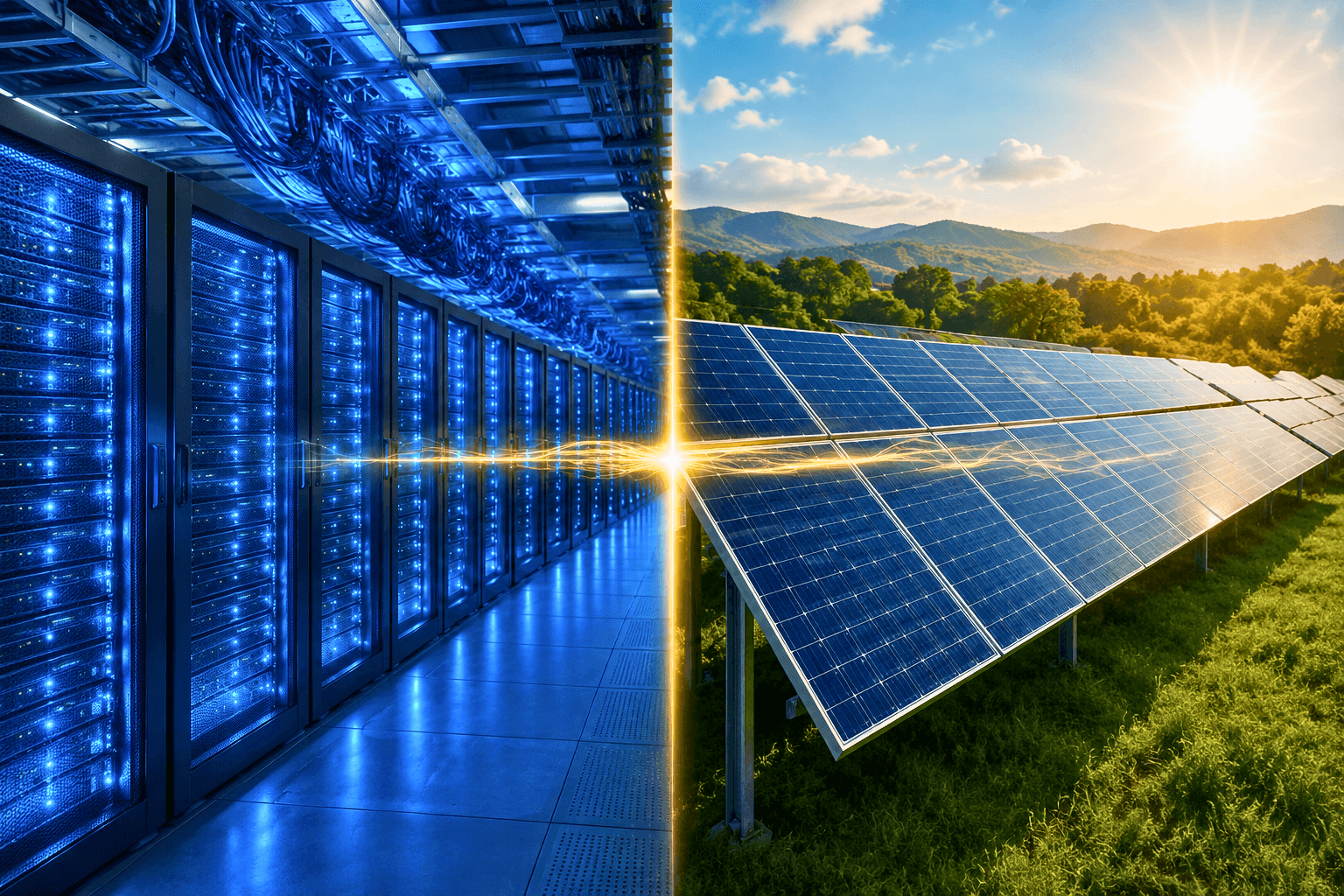 AI data center server racks alongside solar panels — Goldman Sachs forecasts data center power demand rises 165% by 2030, driving investment in solar energy companies