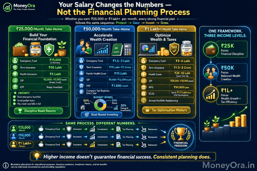 financial planning strategies for monthly take-home salaries of ₹25,000, ₹50,000, and ₹1 lakh+, including emergency fund targets, insurance coverage, SIP investments, tax planning, and retirement priorities.