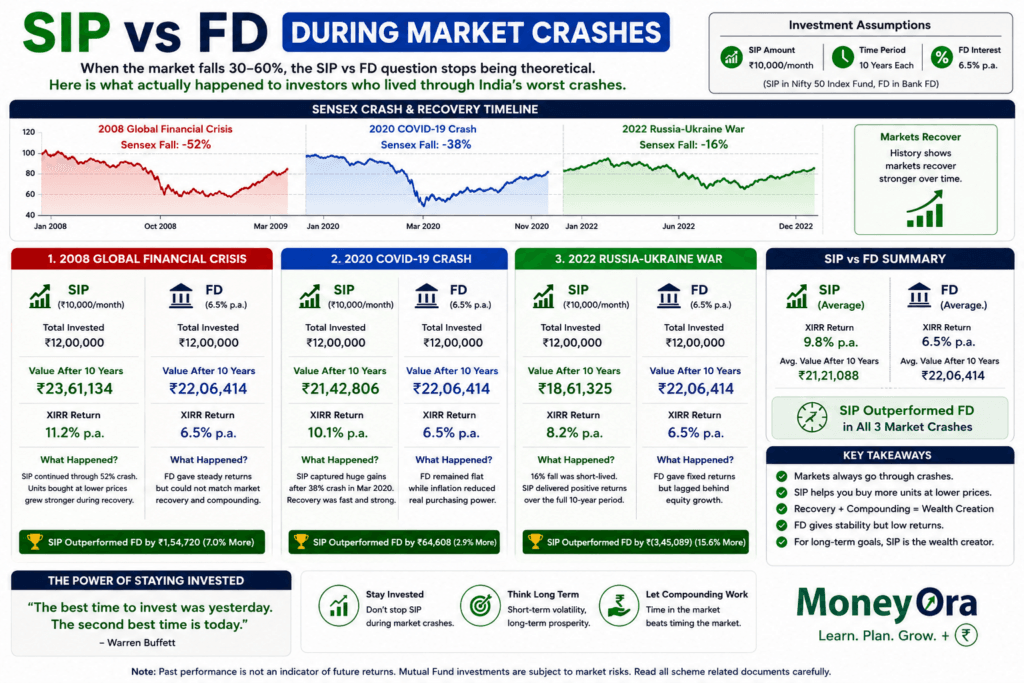 SIP vs FD during market crash comparison showing Sensex fall and recovery with SIP and fixed deposit returns in India