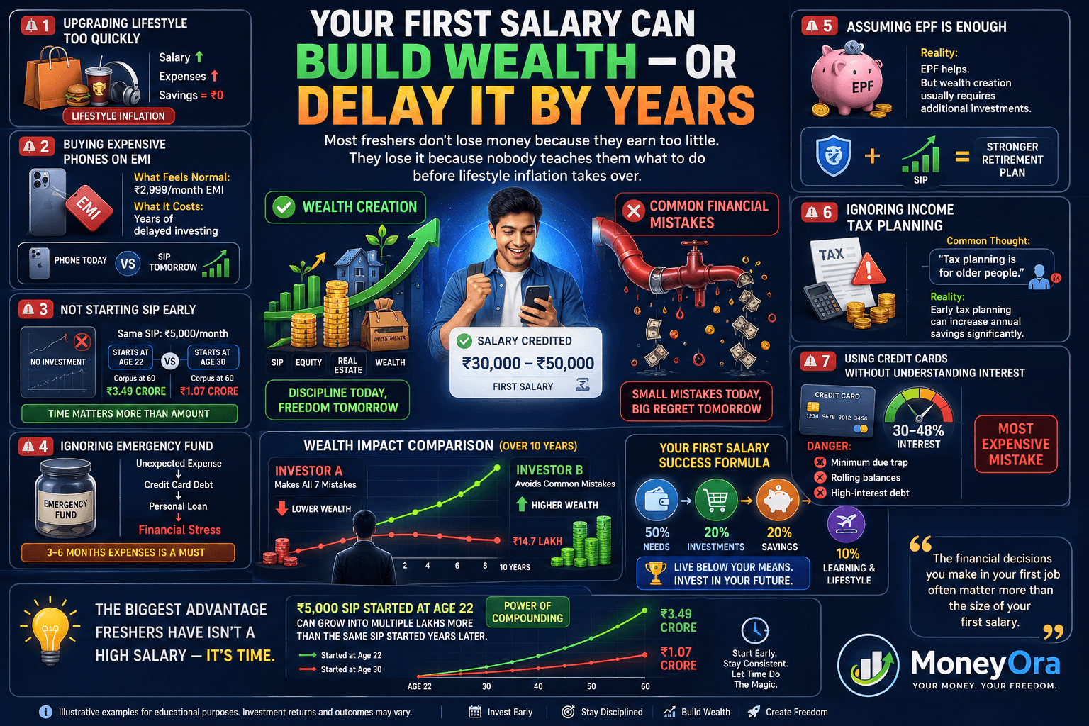 Infographic showing seven common financial mistakes freshers make after receiving their first salary, including lifestyle inflation, phone EMIs, delaying SIP investments, ignoring emergency funds, relying only on EPF, poor tax planning, and credit card debt.