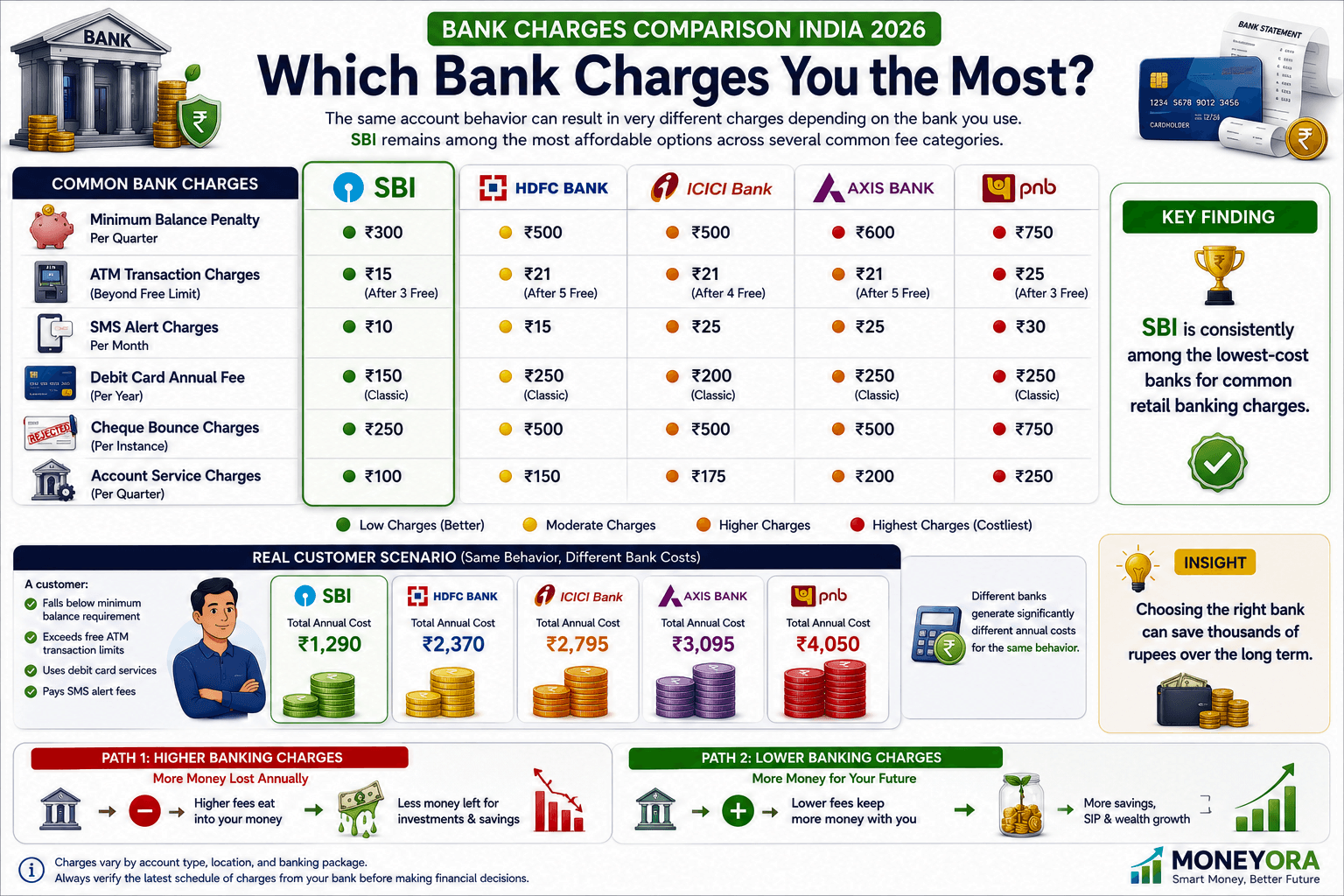 Bank charges comparison across SBI HDFC ICICI Axis and PNB showing minimum balance penalty ATM fees and other hidden charges 2026