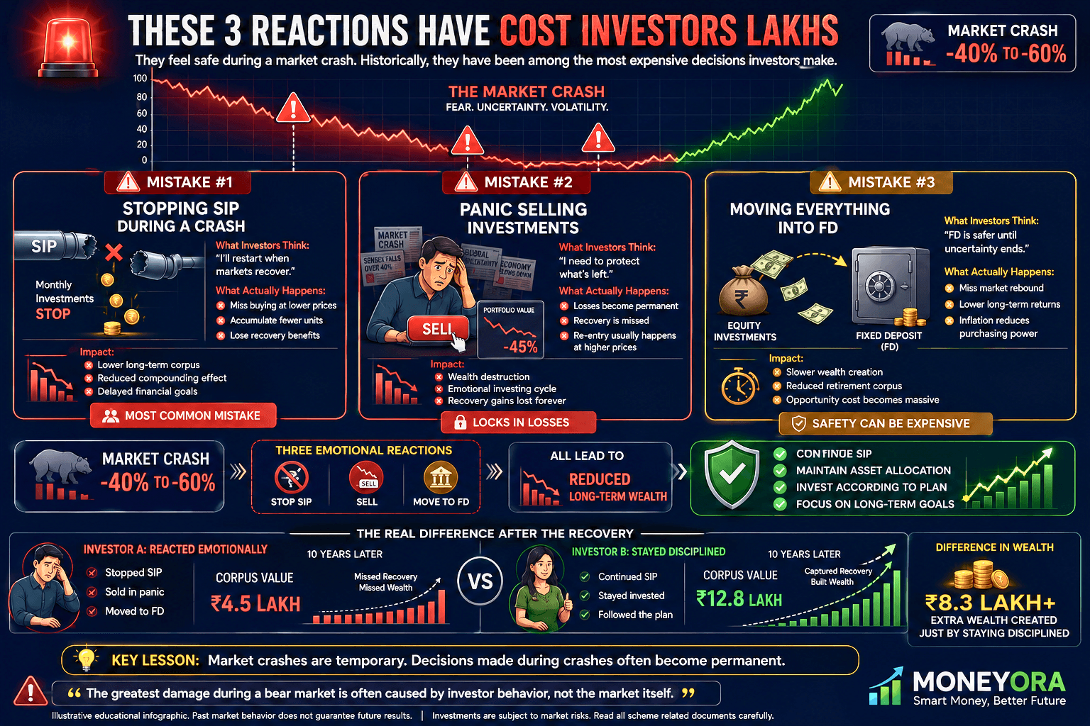 Common investor mistakes during market crash including stopping SIP panic selling and moving entirely to FD shown in warning style infographic