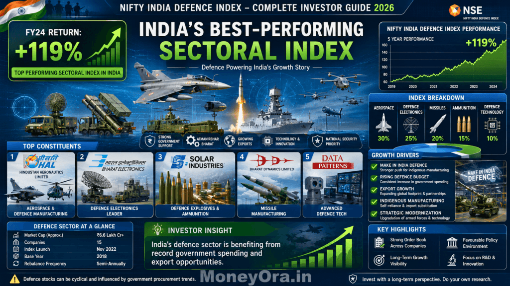 Defence Index 2026 infographic showing top defence stocks including HAL, BEL and Solar Industries with sector performance and constituent breakdown