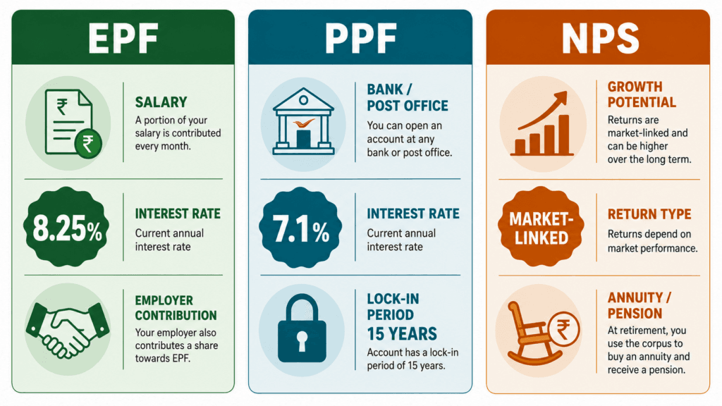 EPF vs PPF vs NPS comparison chart India freshers 2026