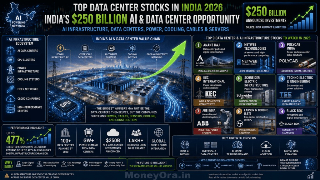 Data center stocks in India 2026 showing 9 top AI boom picks including Anant Raj Netweb Technologies