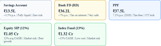 Which Instrument? SIP, PPF, FD, Index Fund — The ₹100/Day Comparison