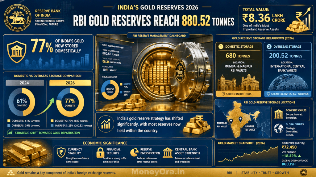 Gold reserve in India 2026 showing RBI holds 880.52 tonnes with 680 tonnes stored domestically in Mumbai and Nagpur vaults