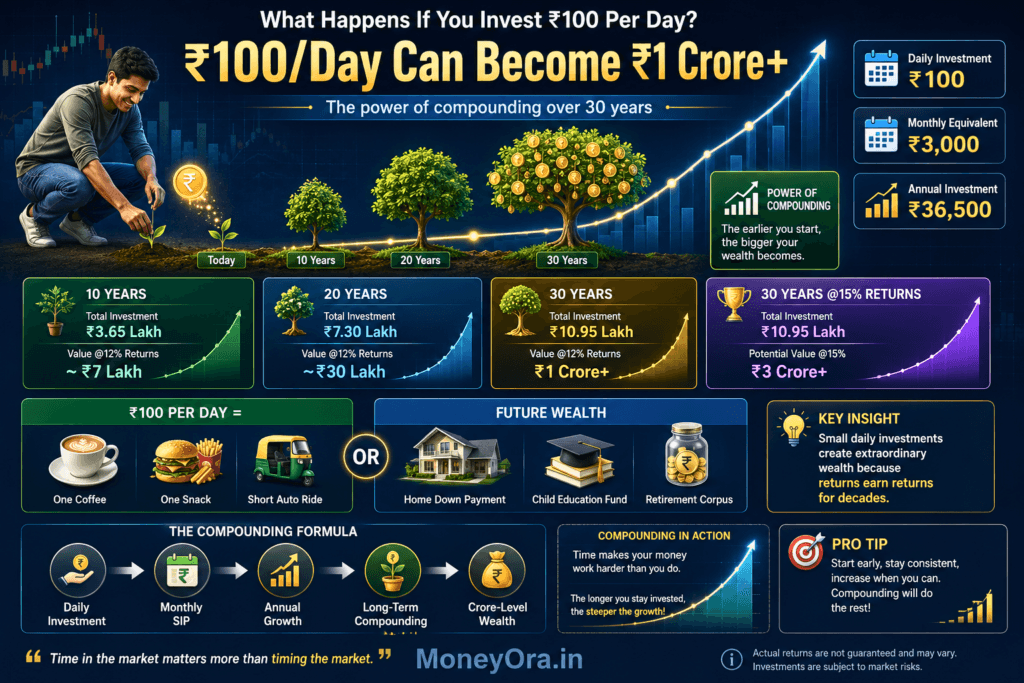 100 per day investment in India showing how Rs 100 daily grows through compounding into crore level wealth over 30 years