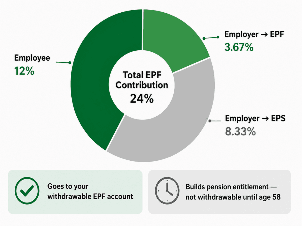 EPF employer contribution split 3.67% EPF 8.33% EPS India explainer