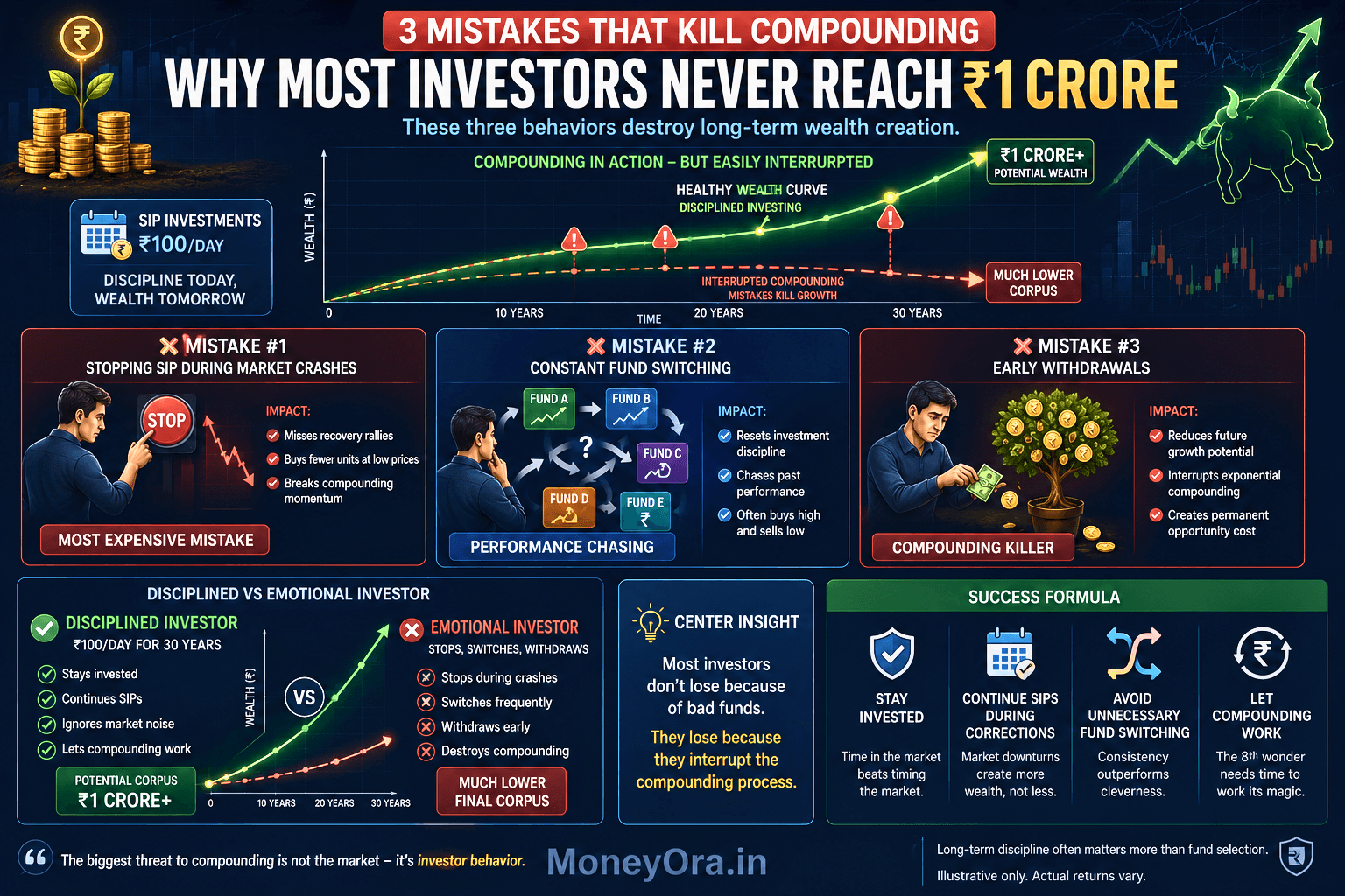 Three common SIP investing mistakes infographic showing stopping SIPs during market crashes, frequent fund switching and early withdrawals reducing long-term wealth creation