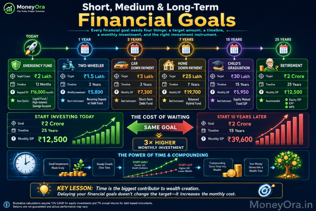 Financial planning infographic showing common Indian financial goals including emergency fund, two-wheeler, car, home, child's education, and retirement, with target corpus, investment horizon, required monthly SIP, and recommended investment options.