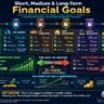 Financial planning infographic showing common Indian financial goals including emergency fund, two-wheeler, car, home, child's education, and retirement, with target corpus, investment horizon, required monthly SIP, and recommended investment options.