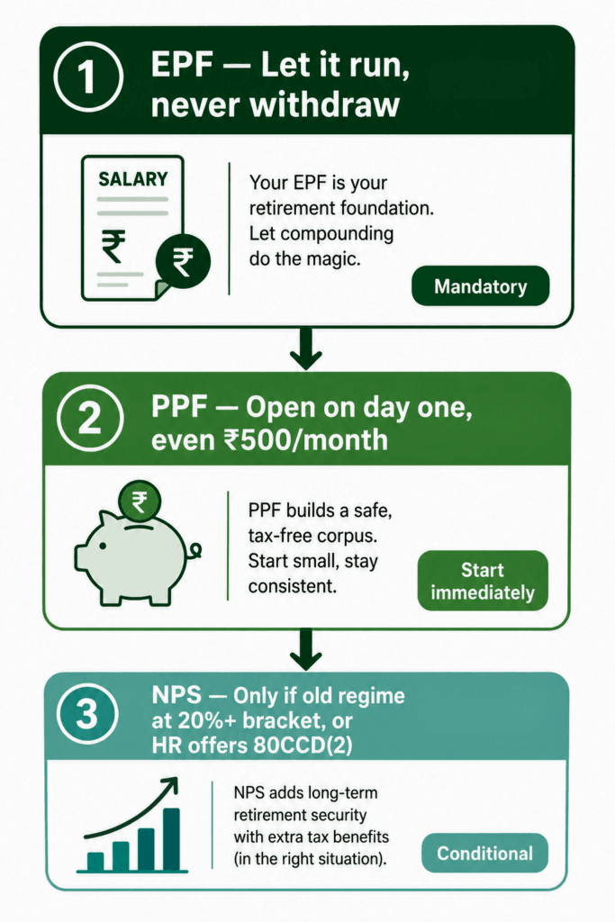 EPF vs PPF vs NPS priority order freshers first job India step by step