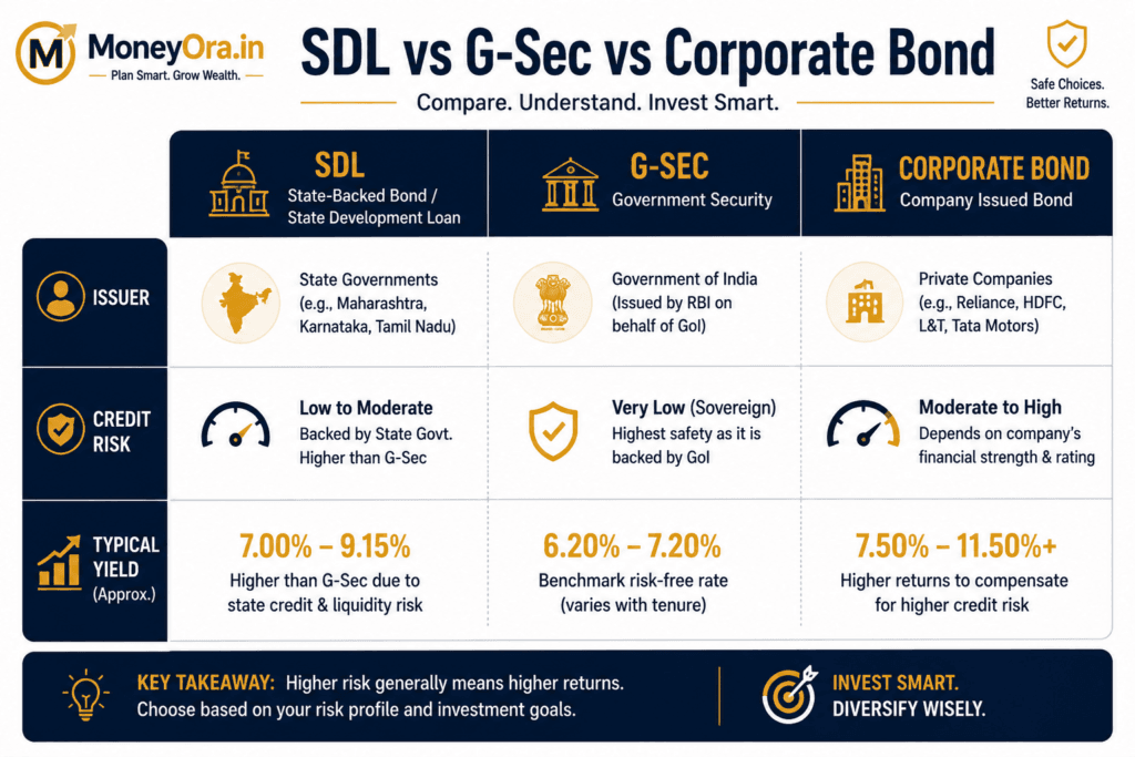 SDL vs G-Sec vs corporate bond comparison table State Backed Bonds 2026