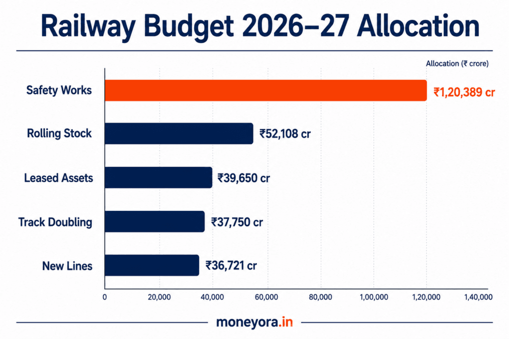 Bar chart showing Union Budget 2026-27 Railway PSU capex allocation across rolling stock, new lines, track doubling, signalling, and electrification in crore rupees