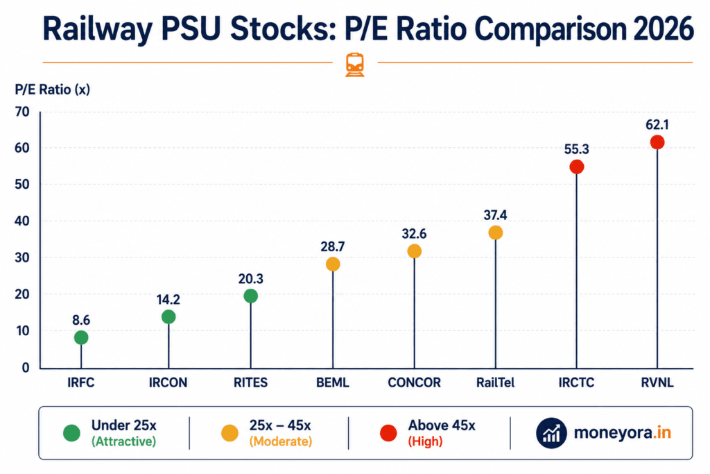Comparison chart of Railway PSU stocks PE ratio 2026 showing IRFC at 17.7x IRCON 20x RITES 22-26x RVNL 59x IRCTC 50-55x for Indian investors